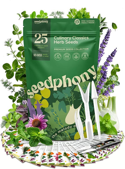 25 Culinary Herb Seeds Variety Pack - 13,055+ Non-GMO Heirloom Herbs Seeds for Planting Indoor & Outdoor: Rosemary, Basil, Catnip, Cilantro, Dill, Parsley, Oregano, Thyme, Mint, Tarragon, Lavender