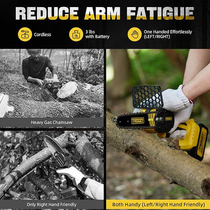 Mini Chainsaw Cordless 6 Inch 3000mAh Battery Powered Electric Brushless Handheld Chain Saws, Up To 100minX2 21V, Saw Pruning Shears Chainsaw for Tree Branches,Courtyard,Household and Garden