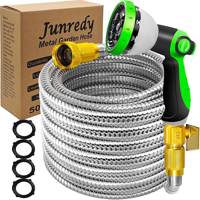 50FT Garden Hose Stainless Steel, Heavy Duty Flexible Metal Water Hose with 10-Function Nozzle, Lightweight & No-Kink Garden Hose, Durable Solid Fittings for Lawn, Car, RV, Outdoor Watering