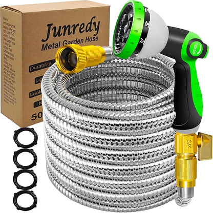 50FT Garden Hose Stainless Steel, Heavy Duty Flexible Metal Water Hose with 10-Function Nozzle, Lightweight & No-Kink Garden Hose, Durable Solid Fittings for Lawn, Car, RV, Outdoor Watering
