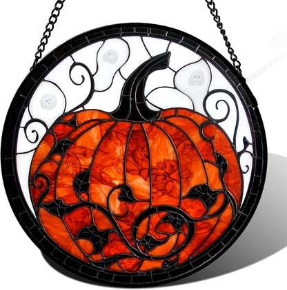 Stained Glass Window Hanging - Halloween Red White Scary Pumpkin Suncatcher for Doors Garden Home Spooky Rattan Sun Catchers Gothic Decor Horror Gifts for Women Men Friend Boy Girl 11.8 in