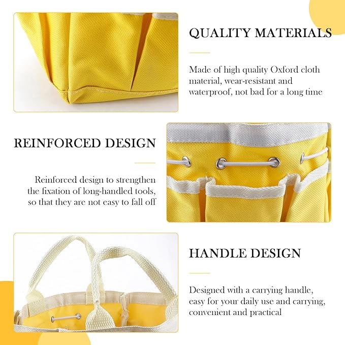 Small Garden Tote Bag Oxford Waterproof with 8 Pockets Gardening Plant Tool Organizer Storage Carrier Store for Outdoor Children (Yellow)