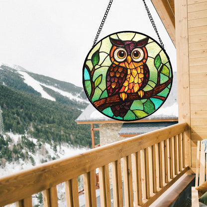 Stained Glass Window Hanging - Owl on a Branch Suncatcher for Doors Window Home Orange Brown Sun Catchers Decor Christmas Mother's Day Birthday Gifts for Teacher Women Men Mom Nana 6.3 in