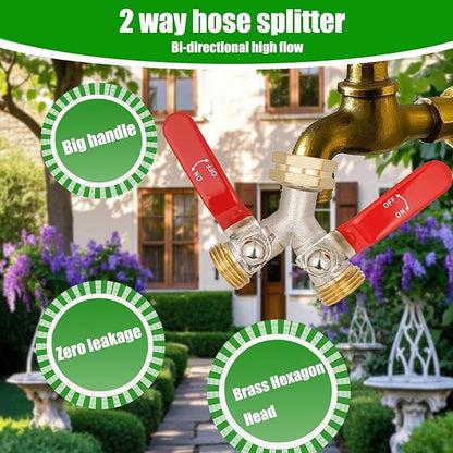 EJW Hose Splitter 2 Way, Heavy Duty Brass Garden Hose Splitter, Garden Hose Y-Valve Splitter, Full Flow Hose Splitter Connector, 3/4 Inch GHT Thread,Garden Hose Adapter 2 Way. longhand