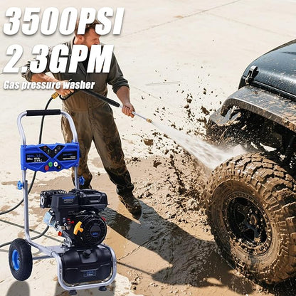 3500PSI Gas Pressure Washer, 2.3GPM Gas Powered High Pressure Washer with 209CC Engine, 4 Adjustable Nozzles, 25 ft High Pressure Hose for Cleaning Walls, Terraces, Vehicles, Garden (Blue)