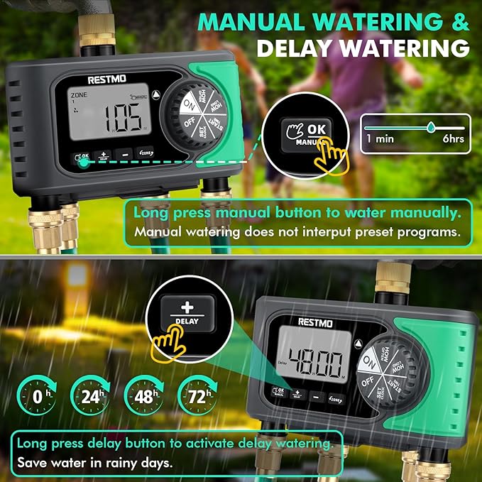 RESTMO 4-Outlet Sprinkler Timer with Brass Inlet, 4 Zone Programmable Water Timer for Garden Hose, Automatic Digital Control | Manual ON/Off | Rain Delay, for Outdoor Faucet, Drip Irrigation and Lawn