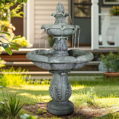 SunJet 48" High 3-Tiers Modern Concrete Outdoor Water Fountain - Round Large Outdoor Fountains and Waterfalls for Garden, Patio, Yard, and Deck Decor, Featuring Natural Stone Look (Grey, 48 inch)