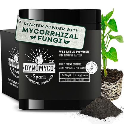 DYNOMYCO Spark WP Mycorrhizal Fungi, 11oz Wettable Powder – 3-In-1 Root Enhancer Amplifies Nutrient Uptake & Yield – Treats 70Plants, Indoor/Outdoor Bio-Stimulant – Dissolves Fast in Seed Starter Soil