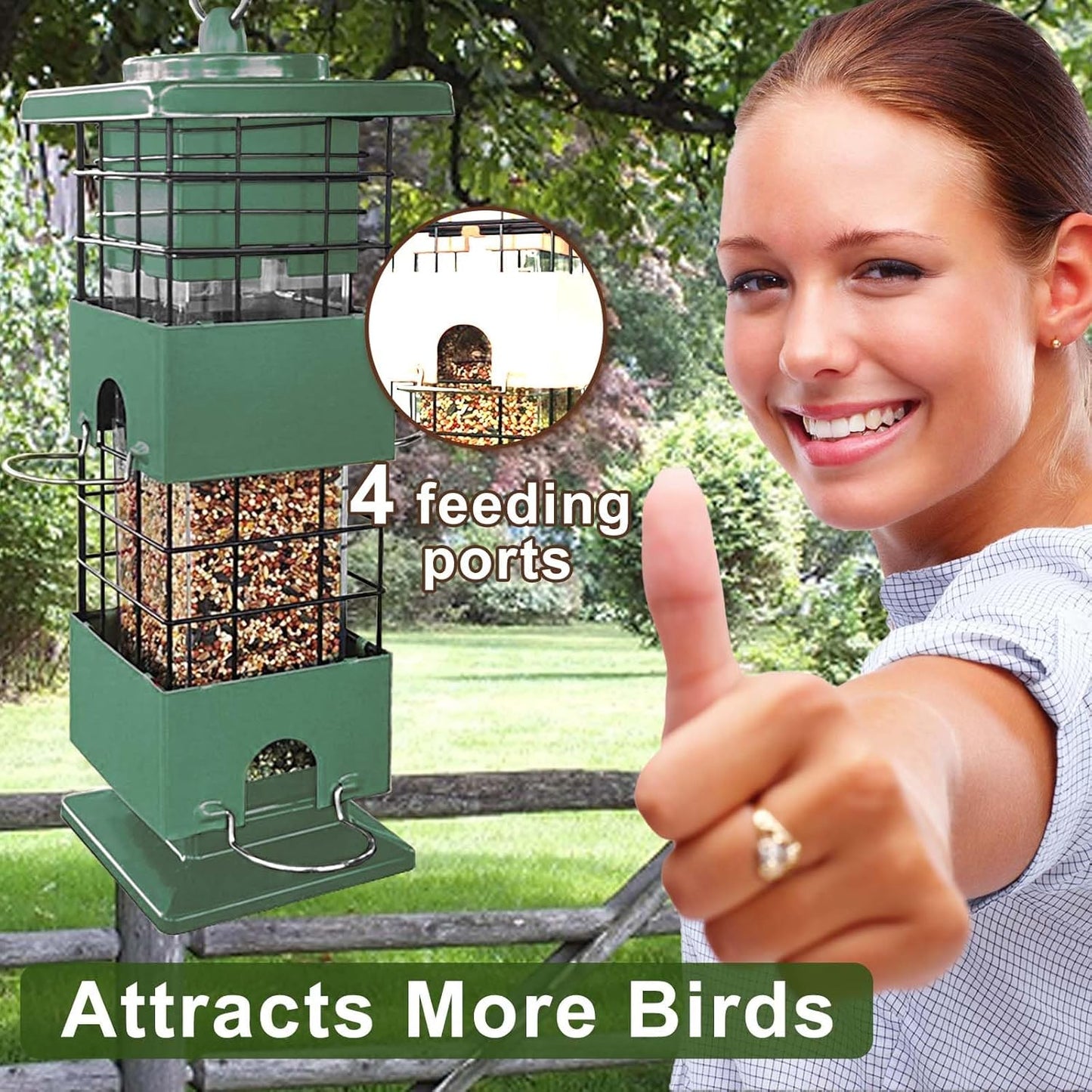 Squirrel Proof Bird Feeder, Metal Bird Feeders for Outdoors, 3Lbs Birdfeeder Outside Hanging, Weight Activated Spring, 4 Feeding Ports, Cardinals, Finches & Sparrows, Wild Birds (Green)
