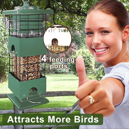 Squirrel Proof Bird Feeder, Metal Bird Feeders for Outdoors, 3Lbs Birdfeeder Outside Hanging, Weight Activated Spring, 4 Feeding Ports, Cardinals, Finches & Sparrows, Wild Birds (Green)