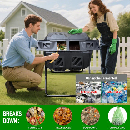 Compost Bin, 43 Gallon Dual Chamber Composter Tumbler Outdoor with 2 Sliding Door and Aeration System, BPA-Free Large Rotating Composting Bin for Garden, Kitchen, and Yard Waste, Black