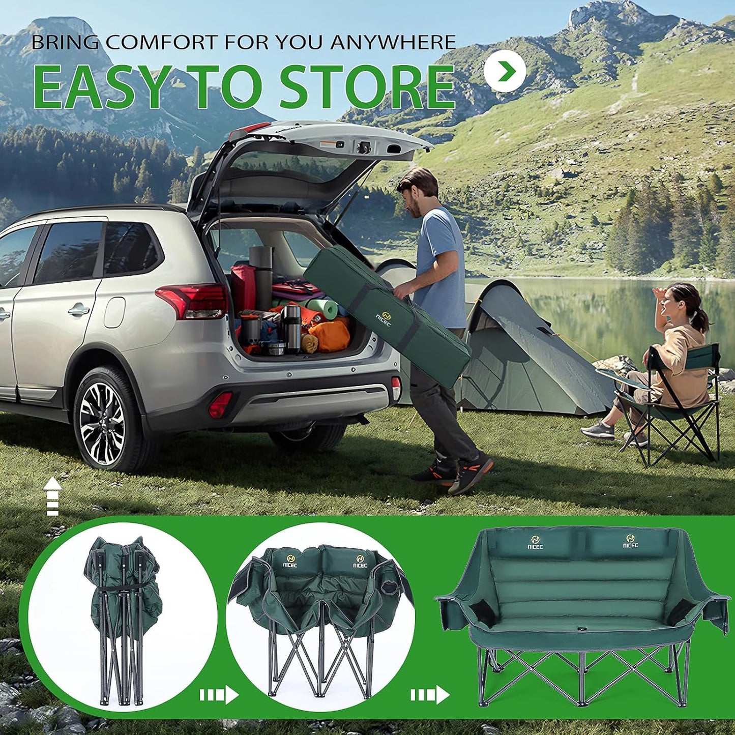 Nice C Double Padded Camping Chair, Oversized Loveseat Camping Chair, Outdoor Camping Couch for Adults, Lawn Chairs, Extra Padded, with Cup Holder, Cooler Bag, Bottle Opener (Green)