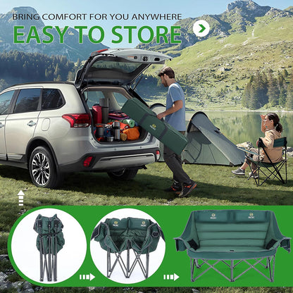 Nice C Double Padded Camping Chair, Oversized Loveseat Camping Chair, Outdoor Camping Couch for Adults, Lawn Chairs, Extra Padded, with Cup Holder, Cooler Bag, Bottle Opener (Green)