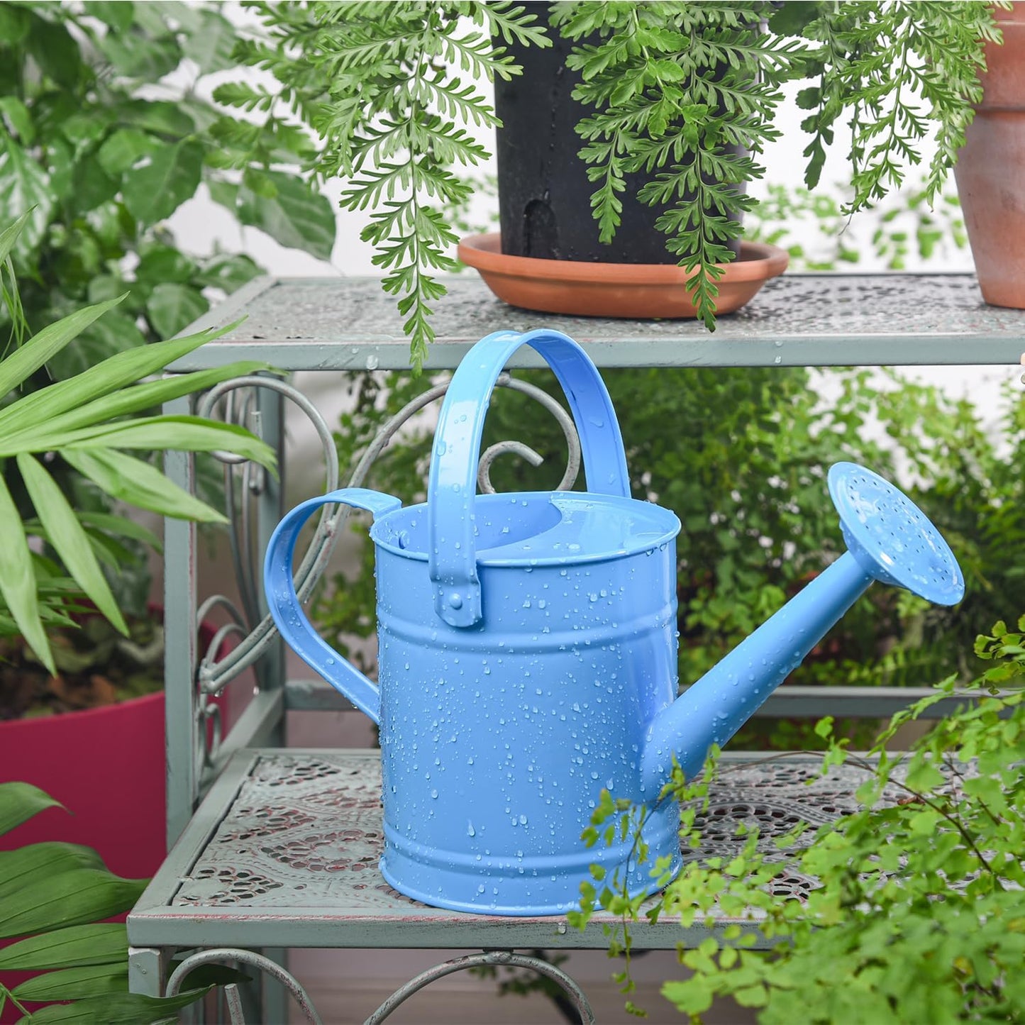 Sungmor 1.5 Liter Small Bright Blue Watering Can for Indoor Outdoor Plants, Cute Little Kids Gardening Watering Cans, Lightweight Portable Metal Watering Can, Anti-Rust Pretty Bucket Watering Device