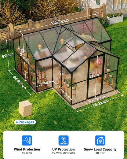 T-Shape Greenhouses, Polycarbonate Green House with UV Protection, Heavy Duty Greenhouse with Windproof Aluminum Frame, Roof Vent & Quick-Install Design for Backyard or Garden Use