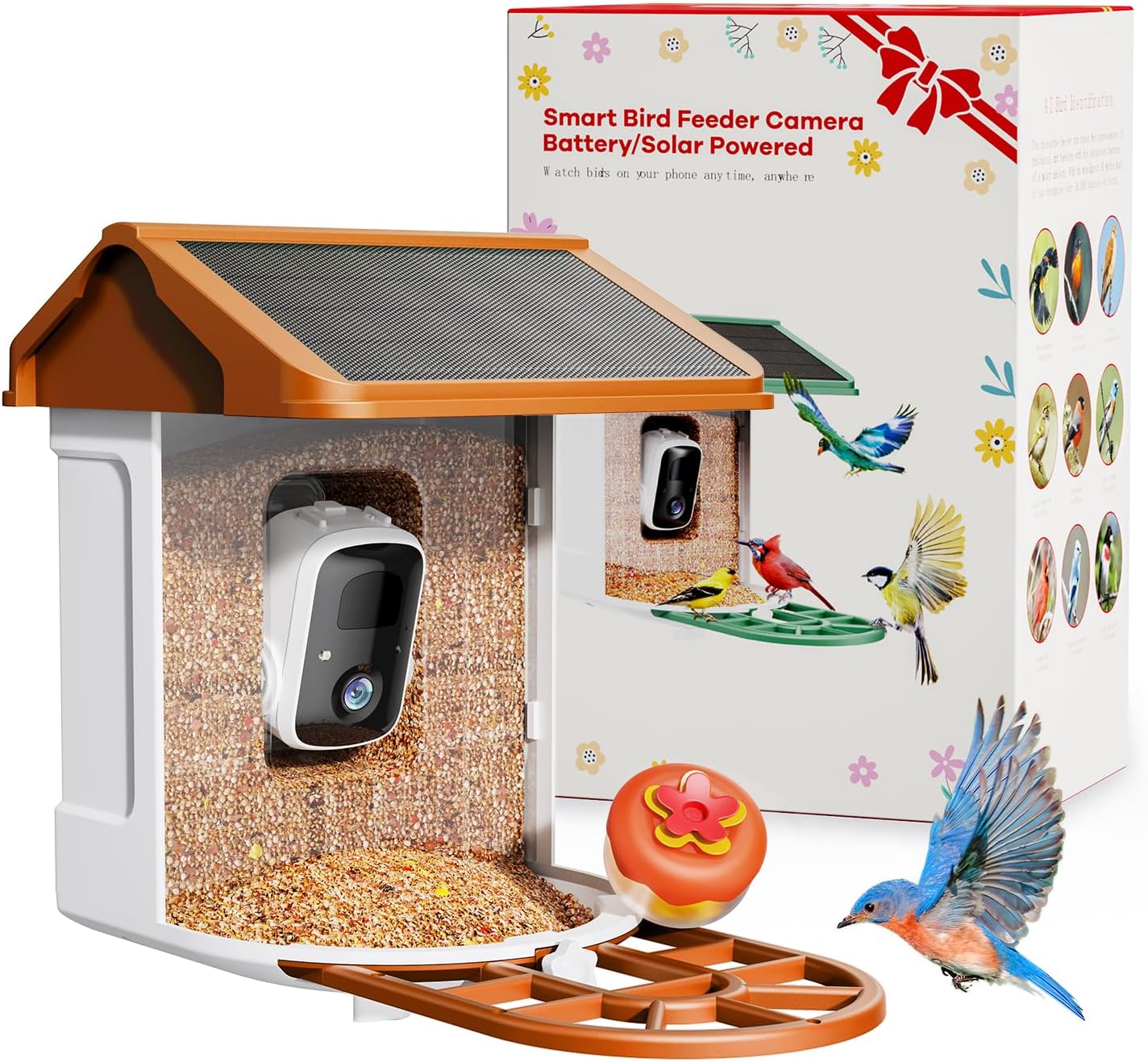 Smart AI Bird Feeder with Camera: Solar-Powered, 2K Live Video, Bird‘s Species Identification, Arrival Alerts, and Motion Capture –Wireless Bird Camera for Watching Birds (Orange)