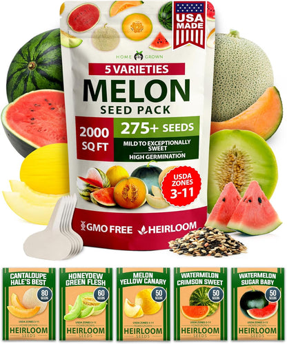 HOME GROWN 𝗨𝗦𝗔 𝗣𝗥𝗘𝗠𝗜𝗨𝗠 Melon Seeds Variety Pack 5 𝗡𝗢𝗡-𝗚𝗠𝗢 Heirloom Vegetable Seeds, Watermelon Cantaloupe Honeydew Sugar Baby & Melon, High Germination for Planting Home Garden Indoors