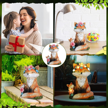 Leinuosen Fox Statue with Solar Power Light for Garden Decor Lighted Resin Fox Gifts for Women Mom Grandma Outdoor Animal Garden Statue Patio Porch Yard Lawn Courtyard Backyard Indoor Shelf Decoration