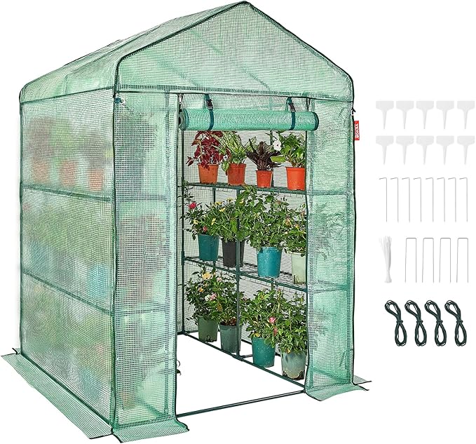 VEVOR Walk-in Green House, 55.5 x 55.5 x 78.7 inch, Portable Greenhouse with Shelves, High Strength PE Cover with Roll-up Zipper Door and Steel Frame, Set Up in Minutes, for Planting and Storage