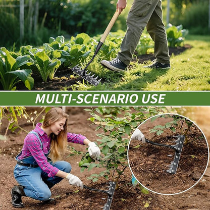Upgraded Weed Puller Tool, Rust-Proof Manual Weed rake (cultivates Soil with Wooden Handle), 8-Tine Manganese Steel Iron rake for Gardening/Weeding, Gardinia uprooting Tool