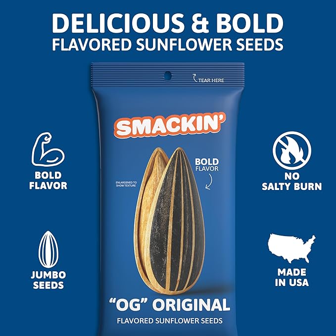 SMACKIN' Sunflower Seeds, Roasted Jumbo Small-Batch, American Made - Original. 1.5oz bags (6 Pack)