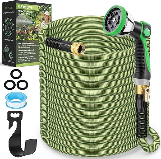 Non-Expandable Garden Hose 75 ft, Ultra Lightweight Flexible Water Hose with 10-Pattern Nozzle, Leak-Proof, High-Density Fabric, Thickened Connector, Shut-Off Valve for Yard, Lawn, Outdoor