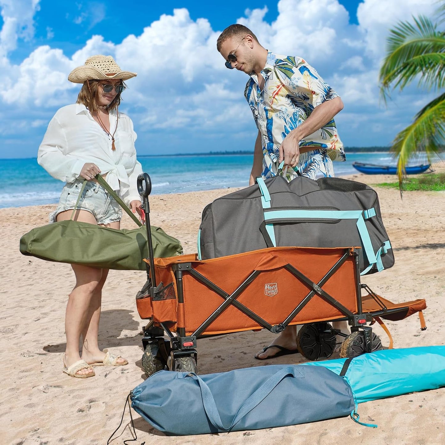 TIMBER RIDGE Beach Wagon with Tailgate, 300lbs Heavy Duty Collapsible Wagon with All-Terrain Big Brakes Wheels, Foldable Utility Cart for Sand Sports Shopping, Orange