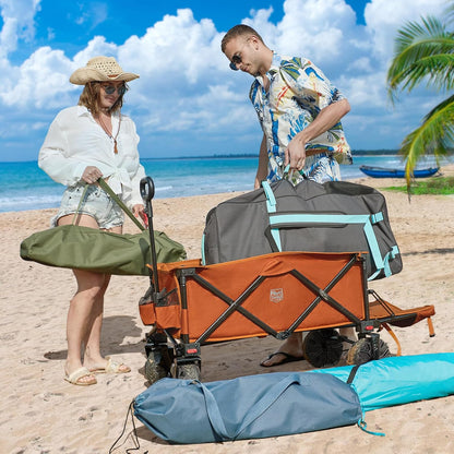 TIMBER RIDGE Beach Wagon with Tailgate, 300lbs Heavy Duty Collapsible Wagon with All-Terrain Big Brakes Wheels, Foldable Utility Cart for Sand Sports Shopping, Orange