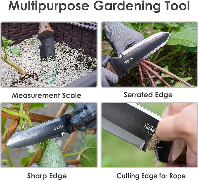 Hori Hori Garden Knife, Garden Tools with Sheath for Weeding,Planting,Digging, 7" Stainless Steel Blade with Cutting Edge, Full-Tang Wood Handle with Hanging Hole