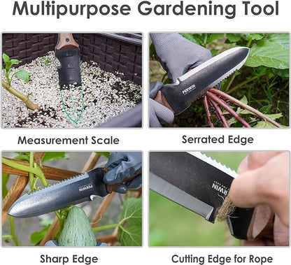 Hori Hori Garden Knife, Garden Tools with Sheath for Weeding,Planting,Digging, 7" Stainless Steel Blade with Cutting Edge, Full-Tang Wood Handle with Hanging Hole