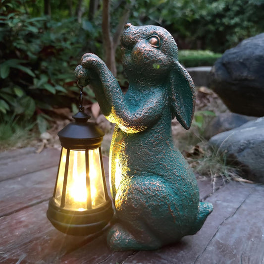 Rabbit Garden Statue Outdoor Décor with Solar Lights Lantern,Rabbit Solar Light Figurines Outside Decorations for Yard，Lawn, Patio, Balcony, Unique Housewarming Gifts