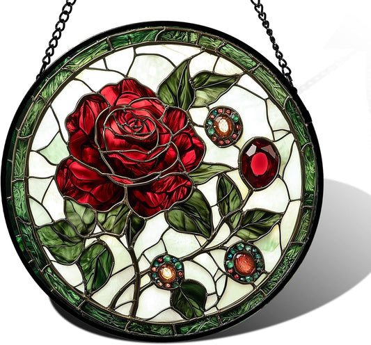 Stained Glass Window Hanging, Red Rose Gemstone Green Sun Catchers Diamond Glass Panel Hangings Suncatcher Decor for Birthday for Women, Men, Wife, Aunt, and Mom 6.3 in