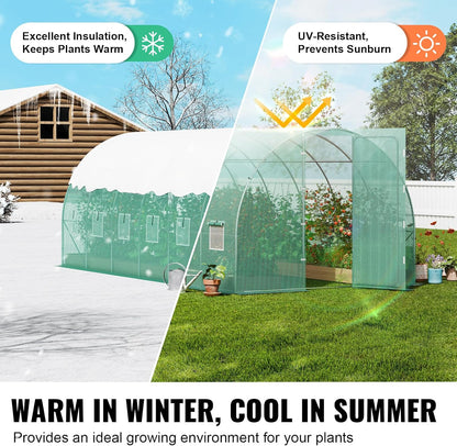 VEVOR Walk-in Tunnel Greenhouse, 19.4x9.7x7.4 ft Hoop House Greenhouse Tunnel, Plant Hot House with Galvanized Steel Frame, Green PE Cover, Swing Door and 12 Roll-up Windows for Outdoor