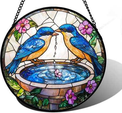Stained Glass Window Hanging, 2 Blue Birds Suncatcher Diamond Glass Panel Hangings Bird Lover Sun Catchers Decor for Birthday for Women, Men, Wife, Aunt, and Mom 9.8 in