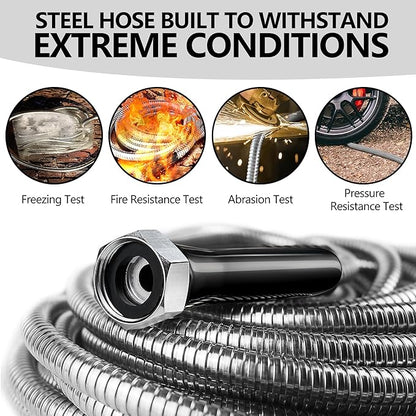 110 ft Garden Hsoe - 2025 New 304 Stainless Steel Garden Hose with 10-Function Spray Gun, 3/4'' Copper-Chrome Fittings – Lightweight, Durable, and Kink-Free, Metal Water Hoses for Gardening