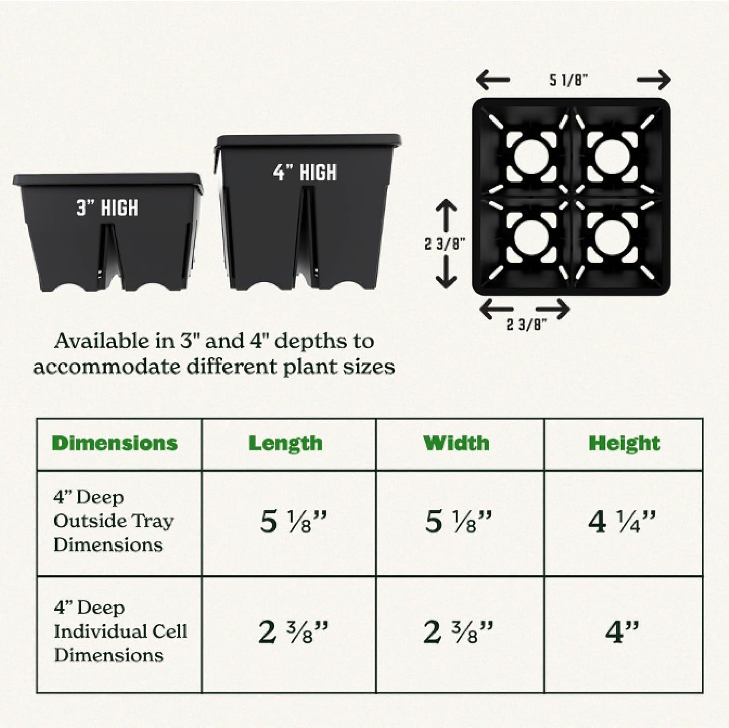 Epic Reusable Seed Starter Tray - Easy Watering Seed Starting Trays - Gardener Friendly Plant Trays for Seedlings | UV-Treated BPA-Free Seedling Tray -4-Cell 4" Seed Starting Trays - Black /4 Trays