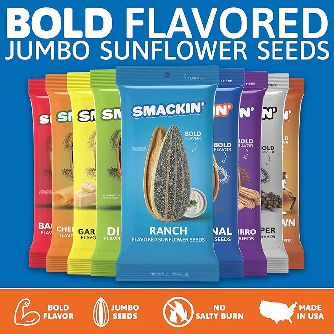 SMACKIN' Sunflower Seeds, No Salty Burn, Roasted Jumbo Small-Batch, American Made - 10 Flavor Variety. 1.5oz bags (10 Bags)
