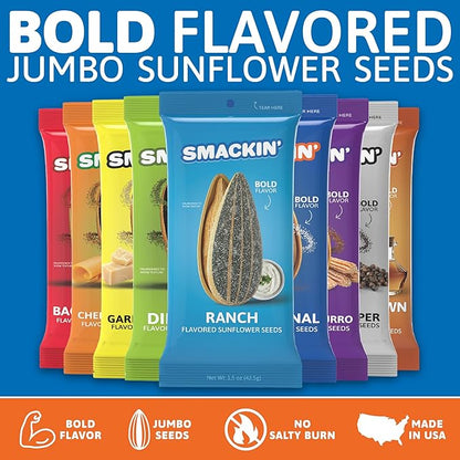 SMACKIN' Sunflower Seeds, No Salty Burn, Roasted Jumbo Small-Batch, American Made - 10 Flavor Variety. 1.5oz bags (10 Bags)