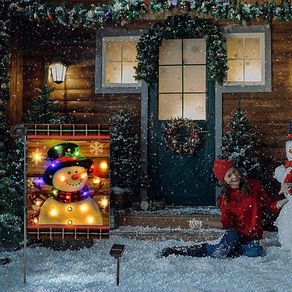 Lighted Christmas Garden Flag for Outside, Led Snowman Garden Flag, Winter Yard Flag 28x40 Double Sided for Outdoor Yard Porch Lawn Decoration