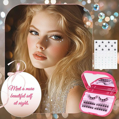 Lash Clusters Kit with Self Adhesive Pearl Stickers Fluffy Lash Clusters Left Right Lash Extension Kit with Bond Seal Eyelash Kit Gift Set with Drawstring Bag Portable Starter Kit Birthday Gift Women
