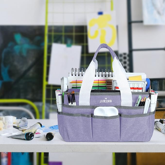 JJRING Craft Organizer Tote Bag, Art Storage Caddy with Multiple Pockets, Lilac Sewing Bag for Art, Craft, Scrapbooking, Medical, and Office Supplies Storage