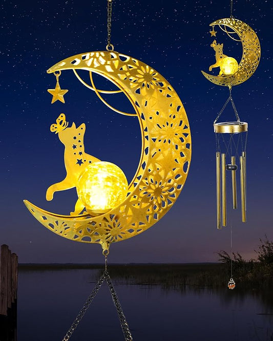 Solar Garden Outdoor Decor, Moon Cat Hanging Wind Chimes, Housewarming Ornament for Patio, Lawn, Yard, Pathway - Unique Gift Ideas for Gardening Mom Grandma Women