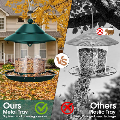 Metal Roof Bird Feeder, Hanging Bird Feeders for Outdoors with 2LB Clear Tube Seed Capacity for Viewing Cardinal Finch, 360° Feeding Wild BirdFeeders for Outside Garden Yard Decoration