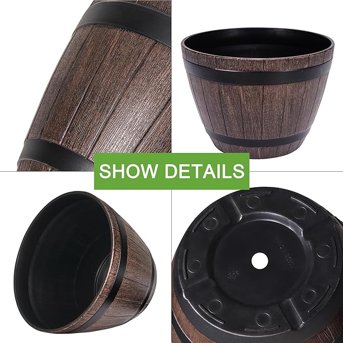 VECELO Plant Pots with Drainage Holes & Saucer, 9/11.3/13 Inch Flower Pots with Tray, 3 Pack Plastic Whiskey Barrel Planters for Indoor & Outdoor Garden Home Plants and Flowers