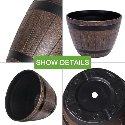 VECELO Plant Pots with Drainage Holes & Saucer, 9/11.3/13 Inch Flower Pots with Tray, 3 Pack Plastic Whiskey Barrel Planters for Indoor & Outdoor Garden Home Plants and Flowers