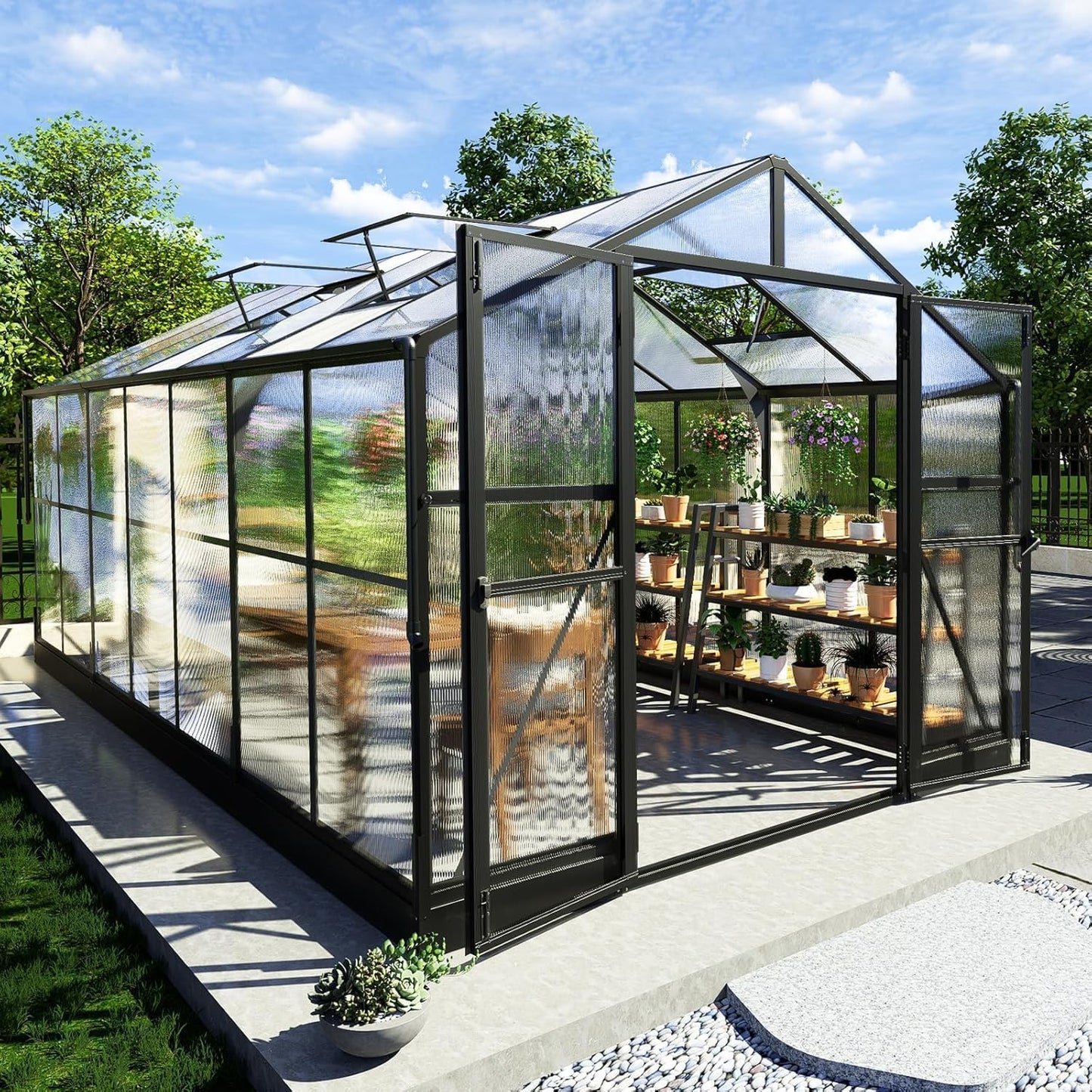 AMERLIFE 8x14x7FT Polycarbonate Greenhouse, Walk in Greenhouse with Quick-Connect System, Green House with 4 Vent Windows and Swing Door, Greenhouses for Outdoors, Glossy Black