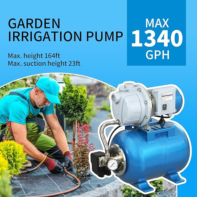 FOTING 1.5HP Shallow Well Pump with Pressure Tank, 115V 1340GPH Automatic Irrigation Water Booster Jet Pump, Water Pumps Booster System 164FT for Home Garden Lawn Farm