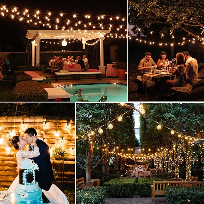 100FT Solar String Lights Outdoor Waterproof with Remote, G40 Solar Powered String Lights with 30+2 LED Shatterproof Bulbs, Dimmable Solar Patio Hanging Lights for Outside Backyard Party