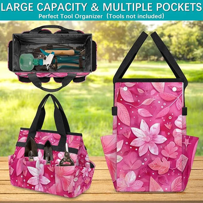 Rose Red flower Gardening Tool Bag,Heavy Duty Garden Tote Bag,Portable Oxford Gardening Storage Basket Organizer Handbag with Pockets Handle,Hand Tools Gifts for Outdoor Garden Lawn