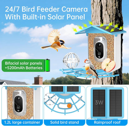 Smart Bird Feeder with Camera Solar Panel, Battery Powered 3MP HD Video Monitoring AI Recognition of 10,000+ Species Color Night Vision,Outdoor Waterproof,for Bird Watching